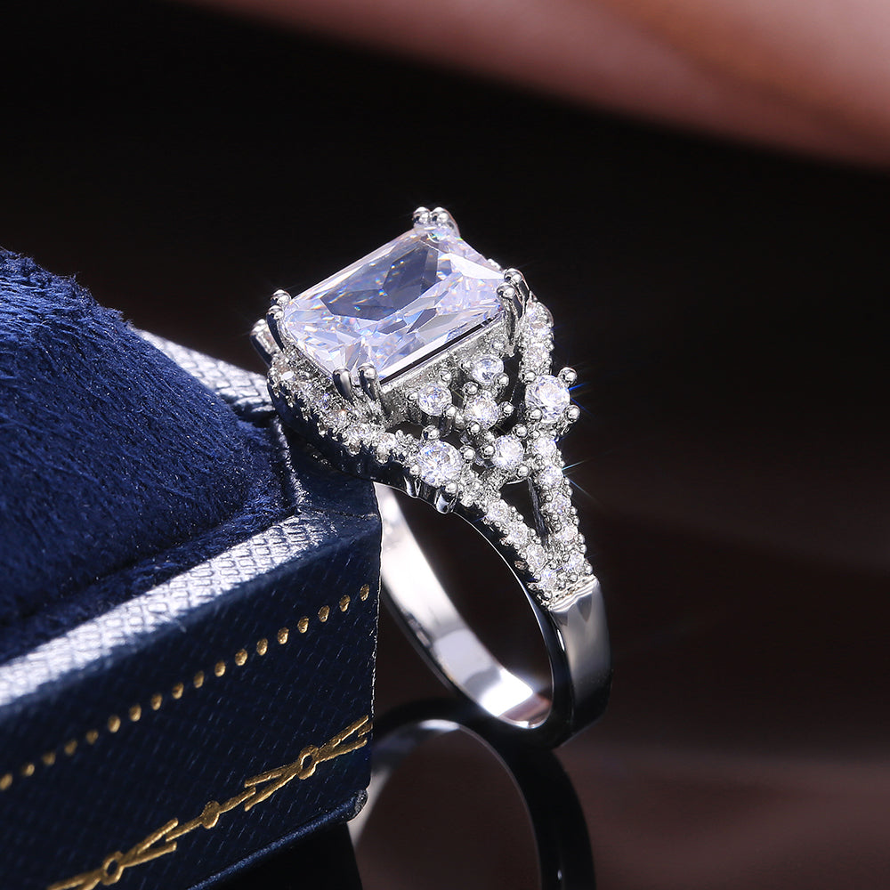 Luxury Silver Color AAA Princess Cut Square Crystal Zircon Stone Women Ring