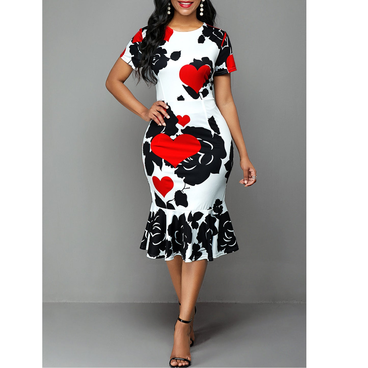 Round Neck Short Sleeve Printed Slim Ruffle Dress