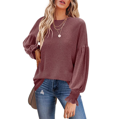 Autumn And Winter New Round Neck Pleated Lantern Sleeve T-shirt