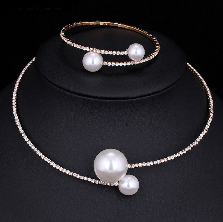 crystal pearl diamond drill collar Necklace Bracelet Adjustable two piece suit