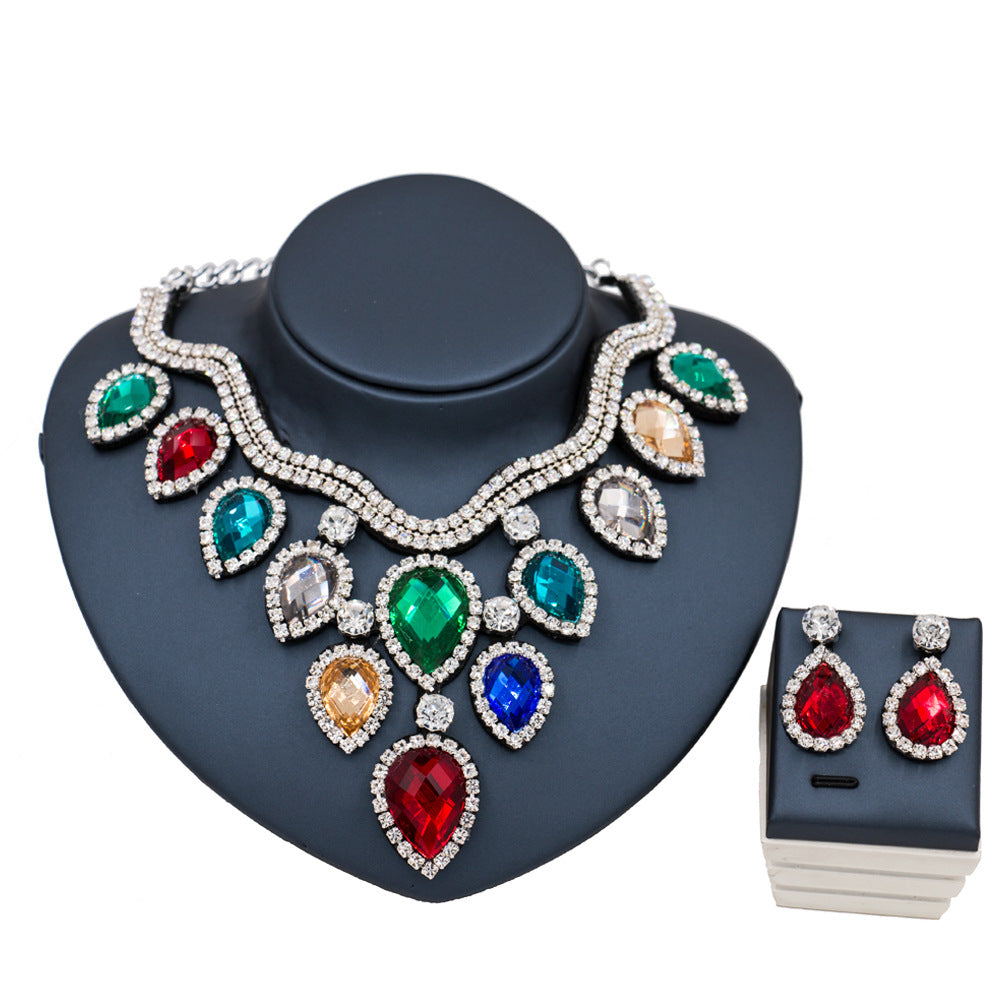 Colorful Exaggerated Bride Necklace, Earring Set