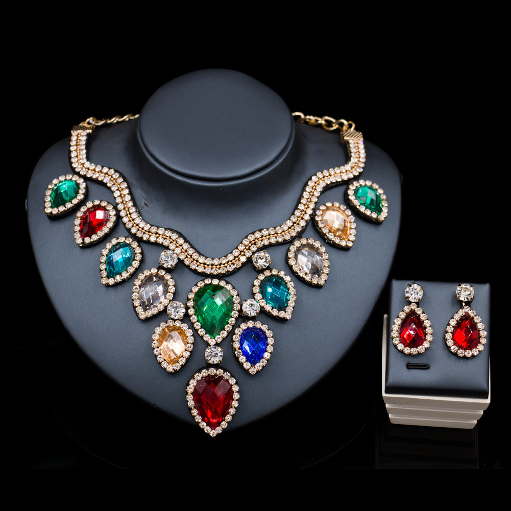 Colorful Exaggerated Bride Necklace, Earring Set