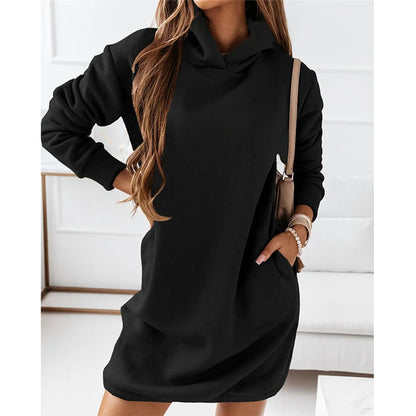 Hooded Long-sleeved Solid Color Dress