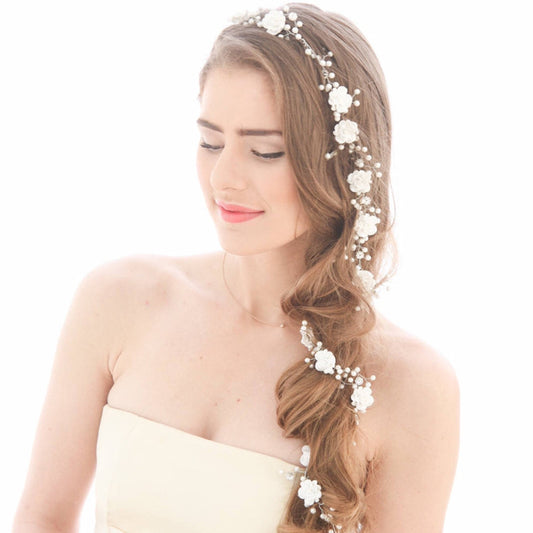 Bride's wedding handmade pearl white flowers and long soft chain hair chain