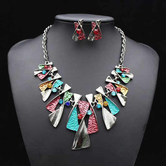 Color alloy diamond necklace earrings set