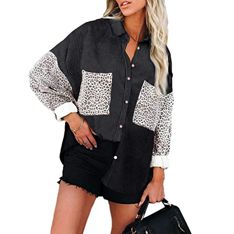 Ladies Corduroy Loose Leopard Print Casual Shirt