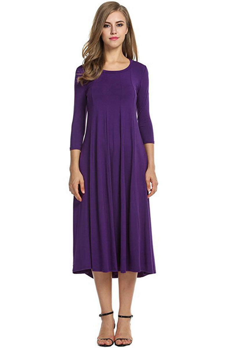 Crew Neck Sleeve Solid Color Dress