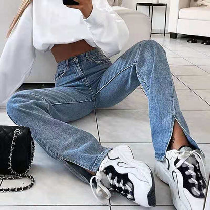 Retro Straight Split Denim Trousers