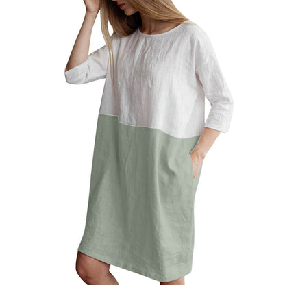 Splicing half-sleeved cotton and linen dress