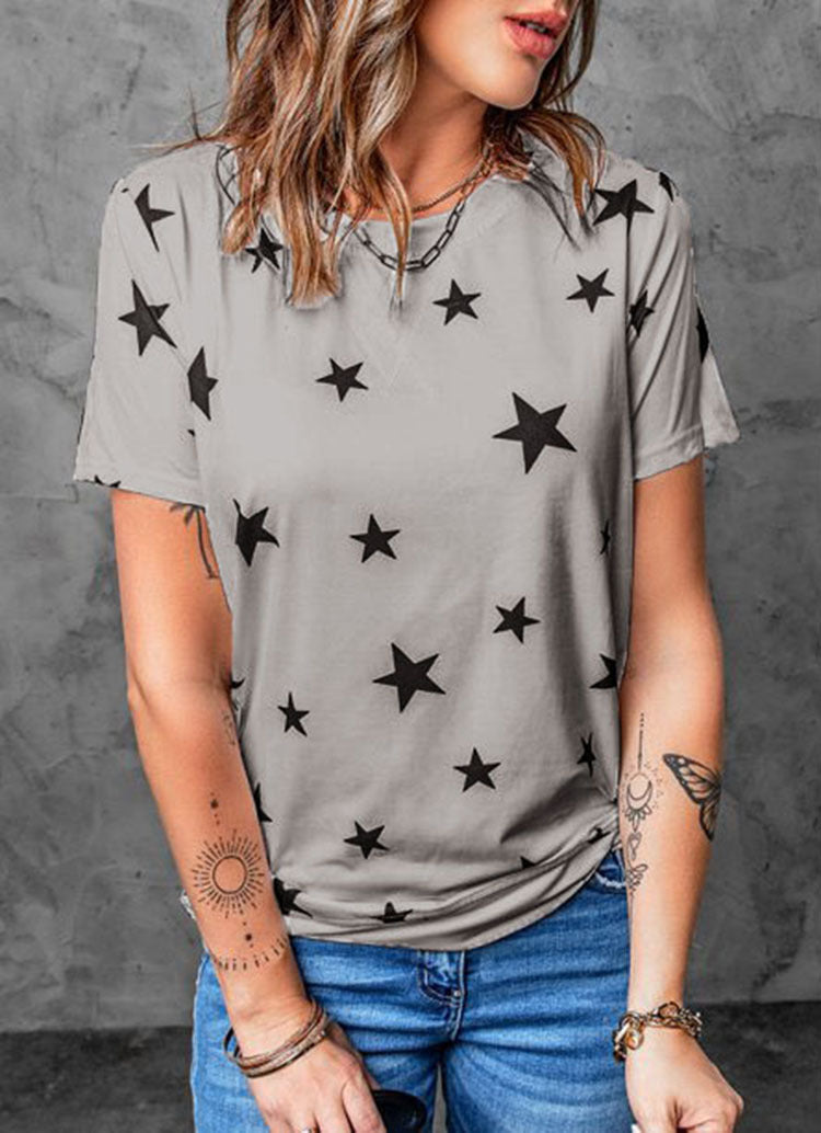 Round Neck Short Sleeves Printed T-shirt Top