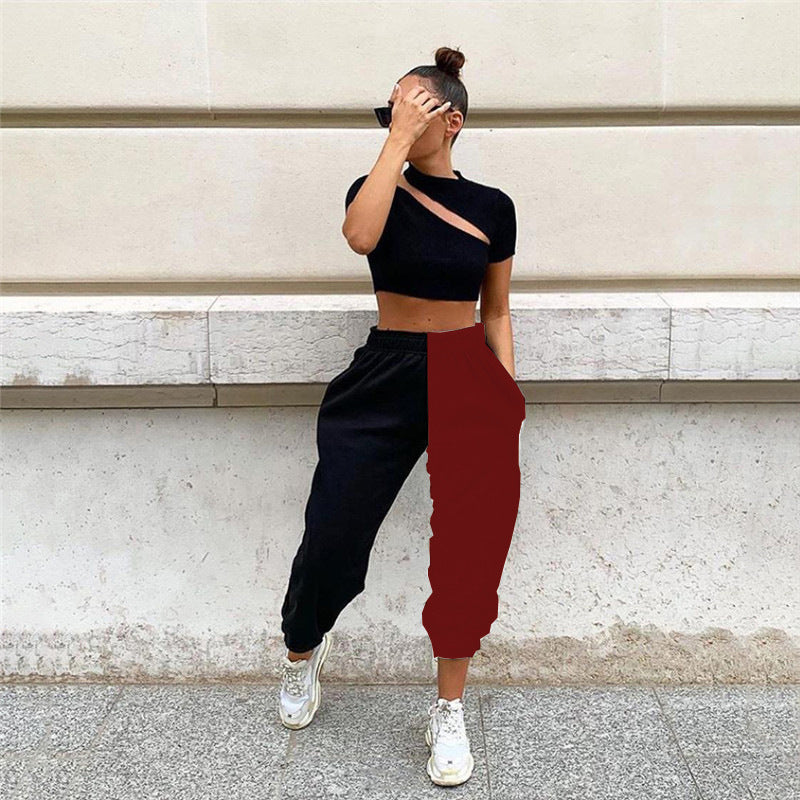 High Waist Contrast Color Splicing Casual Pants