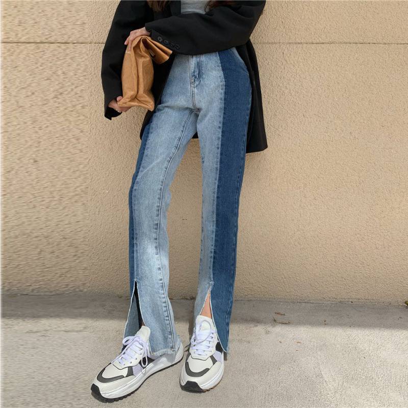 Loose And Thin High-waist Stitching Split Straight-leg Jeans