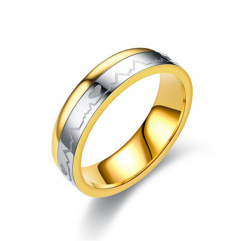 Titanium Steel Ring Between Gold ECG Love Heart Stainless Steel