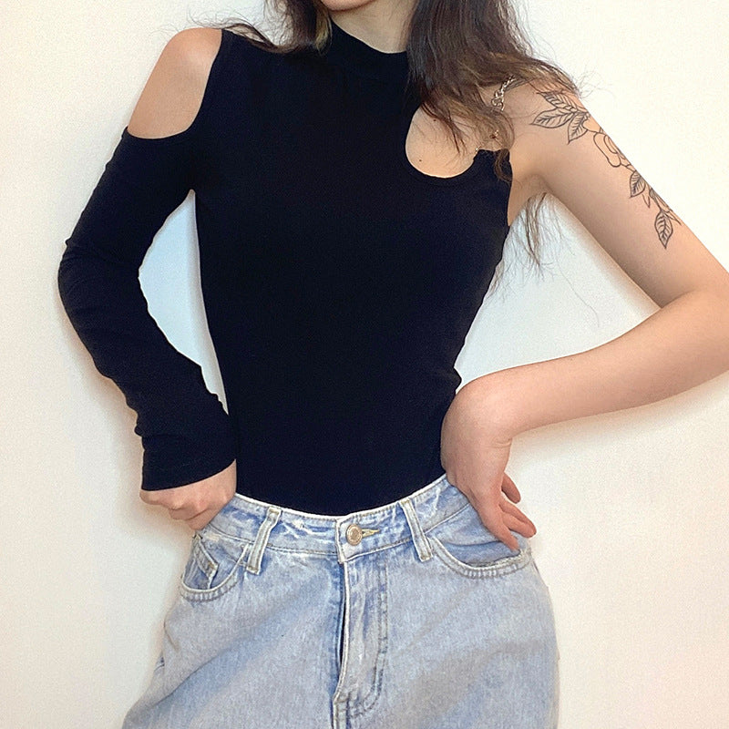 Asymmetric Half Sleeve Crew Neck Slim Bodysuit