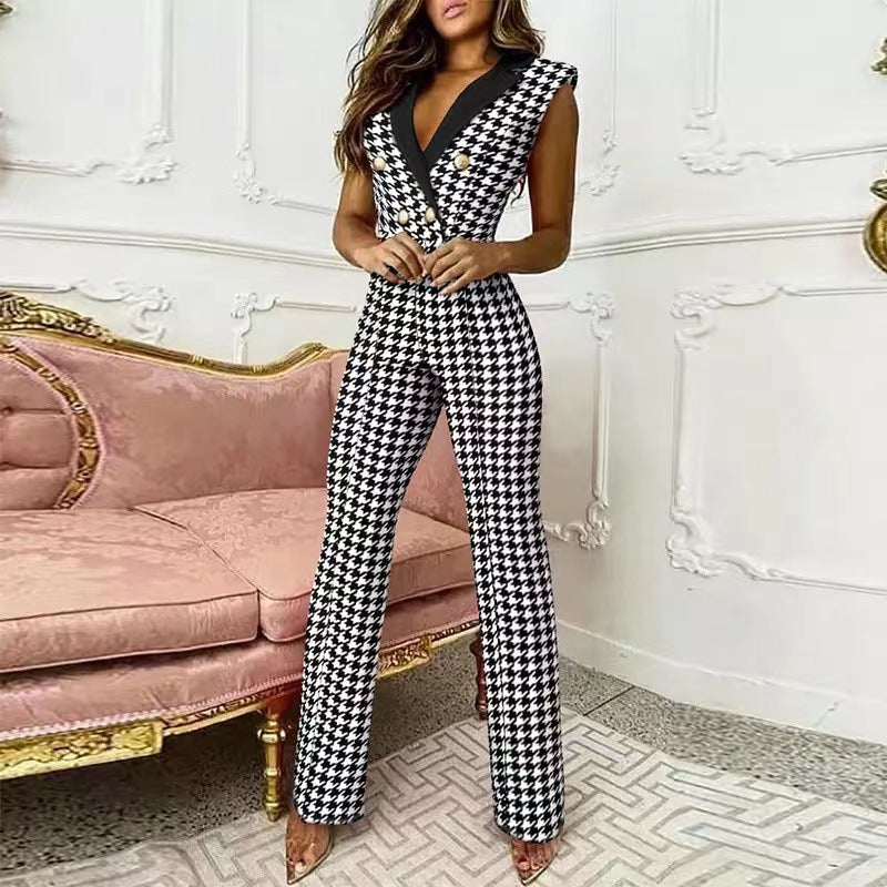 V-neck Houndstooth Jumpsuit Professional Wear Women