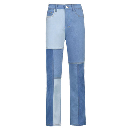 Asymmetric Stitching Contrast Color High-waist Pocket Washed Jeans