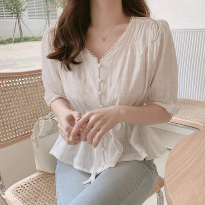 V-neck Waist Closing Lace Patchwork Shirt