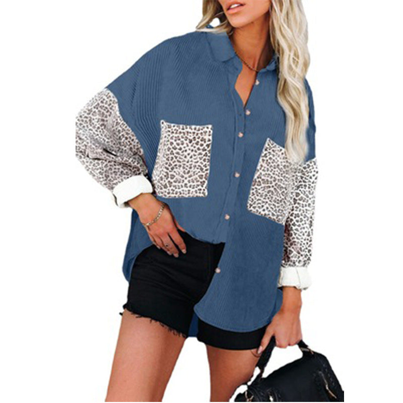 Ladies Corduroy Loose Leopard Print Casual Shirt