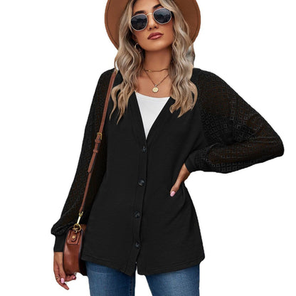 Autumn And Winter Long Sleeve Solid Color Loose Button Lace Stitching Cardigan Top Women