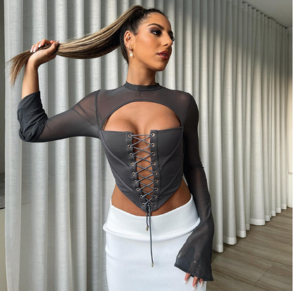 Casual Backless Long Sleeve Tied Mesh Slim Fit Top