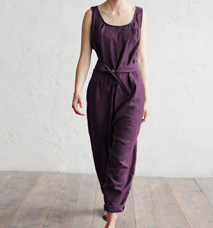 Sleeveless vest elegant high waist belt cotton casual jumpsuit