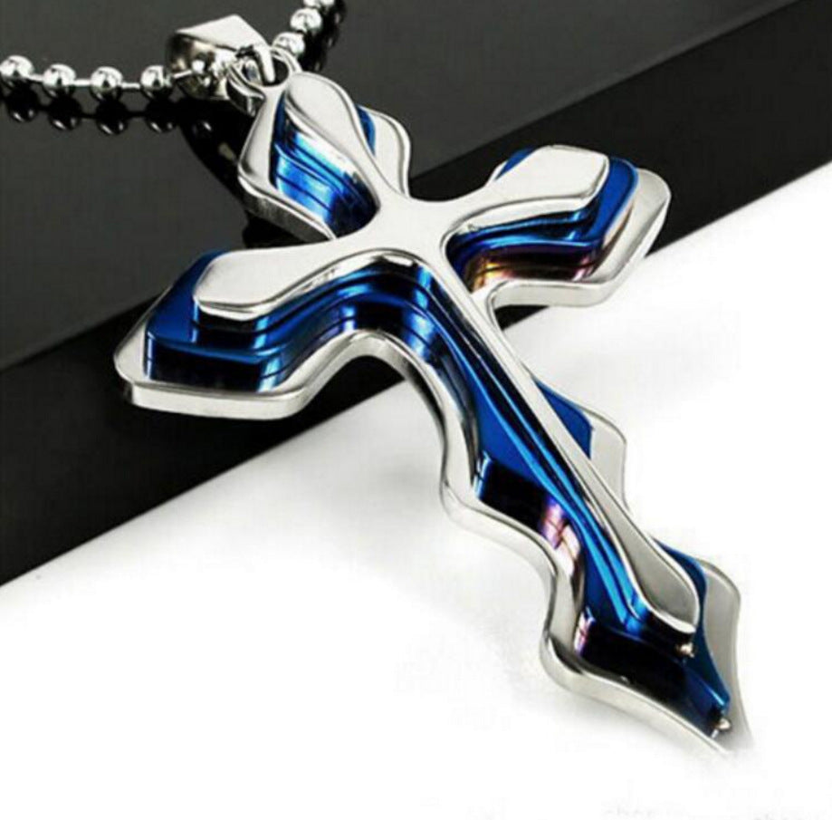 Three-tiered Blue and Black Cross Pendant Necklace Jewelry Gifts for Men