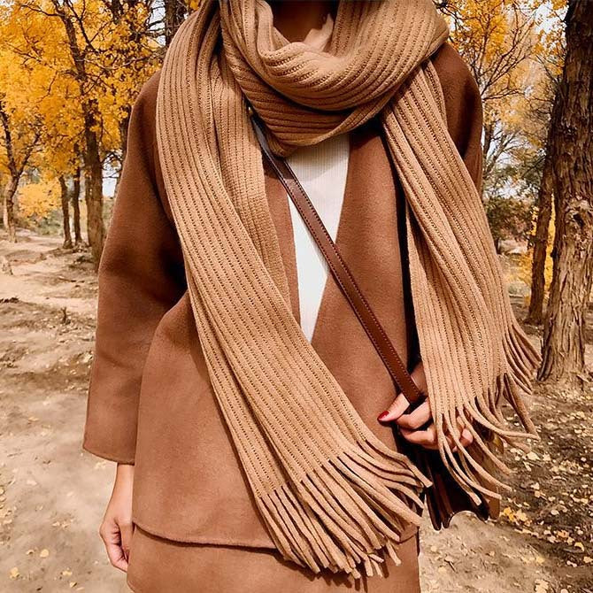 Thickened  Warm Long Solid Color Tassel Knitted Wool Scarf