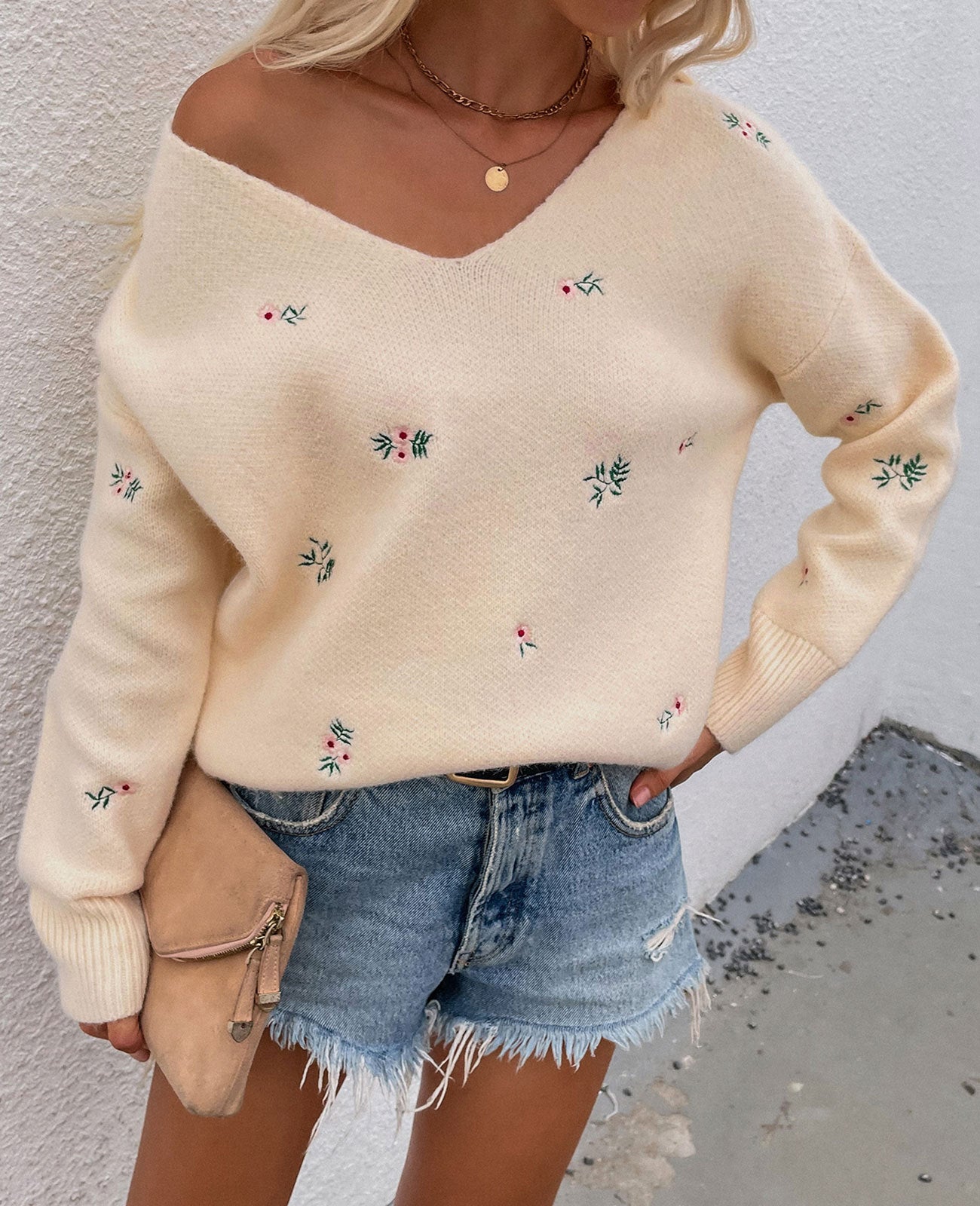 V-neck Pullover Beautifully Embroidered Sweater