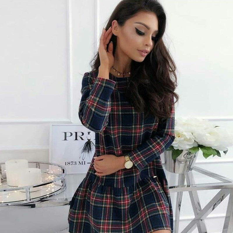 Long Sleeve Plaid Midi Casual Plaid Knee Length Dress