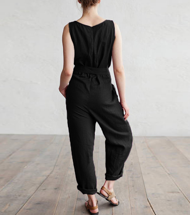 Sleeveless vest elegant high waist belt cotton casual jumpsuit