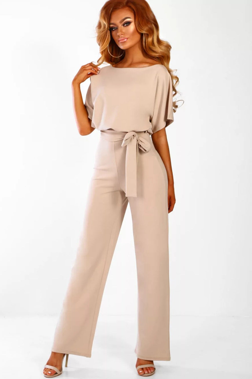 Short sleeve women's jumpsuit with lace button