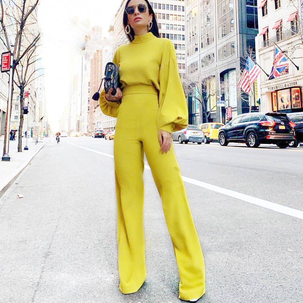 Sexy Wide Leg Pants Solid Color High Neck Halter Long Sleeve Casual Jumpsuit