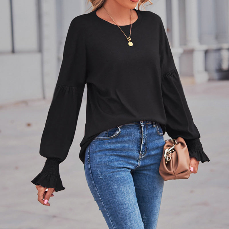 Autumn And Winter New Round Neck Pleated Lantern Sleeve T-shirt