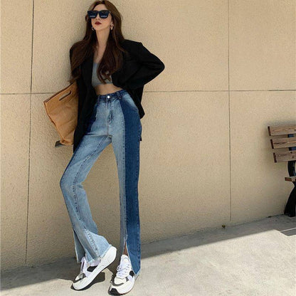 Loose And Thin High-waist Stitching Split Straight-leg Jeans