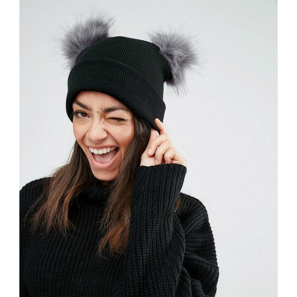 Double Wool Ball Knitted Woolen Hat