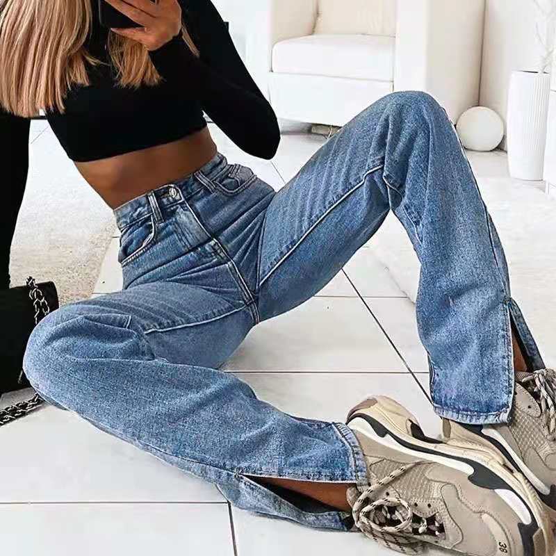 Retro Straight Split Denim Trousers