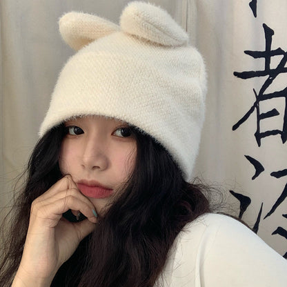 Cute Sweet Girl With Small Milk Bunny Ears Knitted Woolen Hat