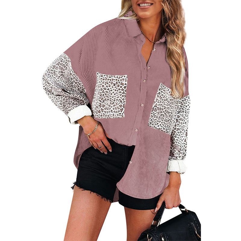 Ladies Corduroy Loose Leopard Print Casual Shirt