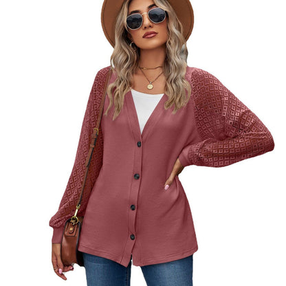 Autumn And Winter Long Sleeve Solid Color Loose Button Lace Stitching Cardigan Top Women