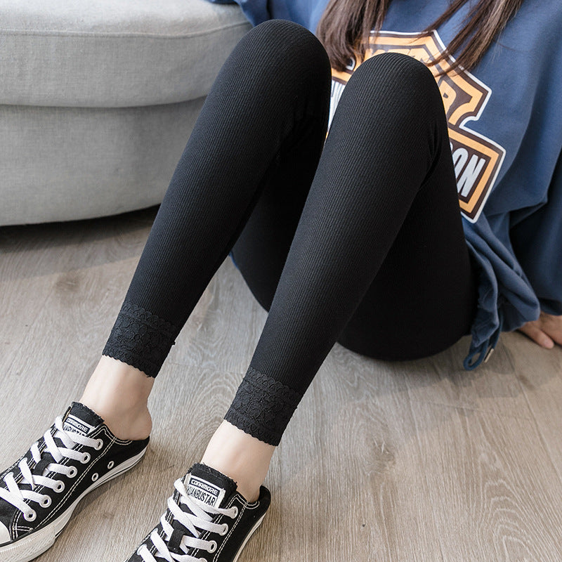 High-waisted Threaded Slim-fitting Thickened Warm Leggings