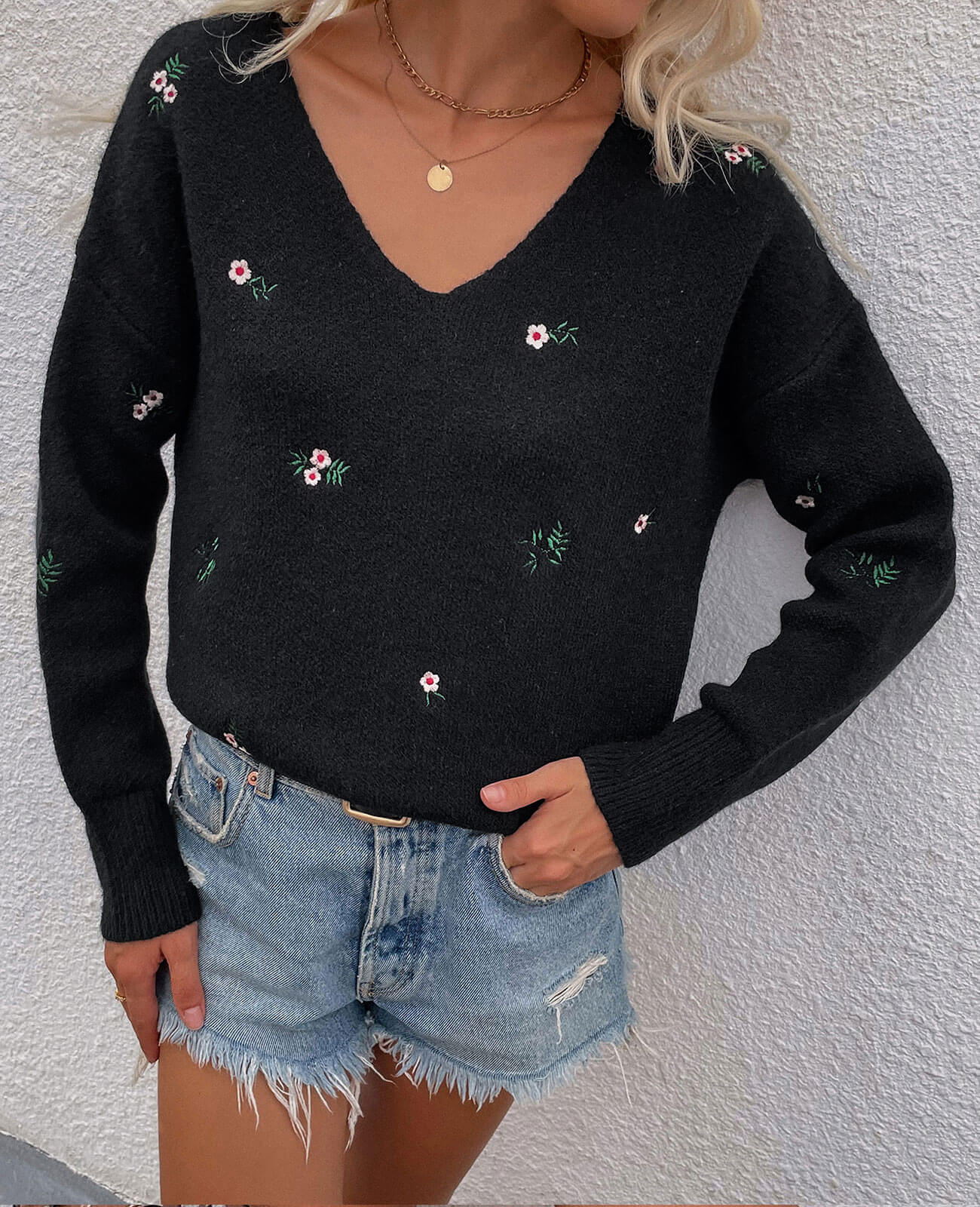 V-neck Pullover Beautifully Embroidered Sweater