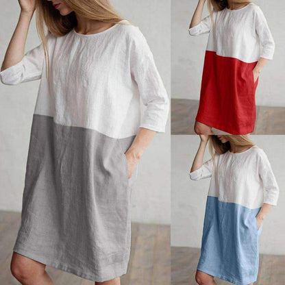 Splicing half-sleeved cotton and linen dress