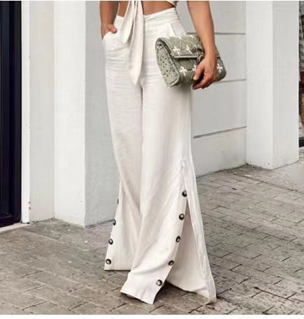 Spring Fashion High Waist Cotton Linen Wide Leg Pants