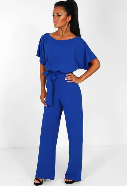 Short sleeve women's jumpsuit with lace button