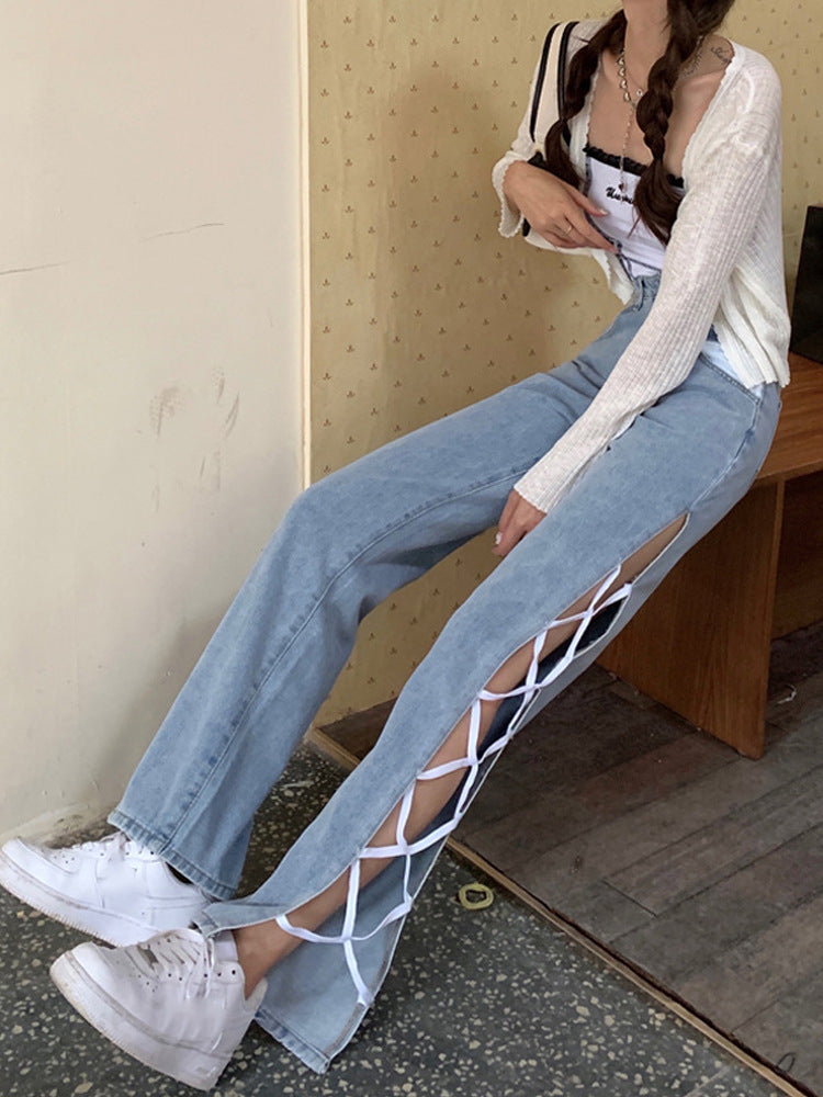 Side Slit High Waist Strappy Jeans