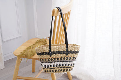 Colorful Striped Grass Braided Soft Leather Put Handbag Large Capacity Braided