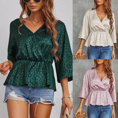 Spring And Summer Pullover Chiffon Top V-neck Slim T-shirt