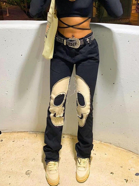 Vintage Skull Print High Waist Jeans