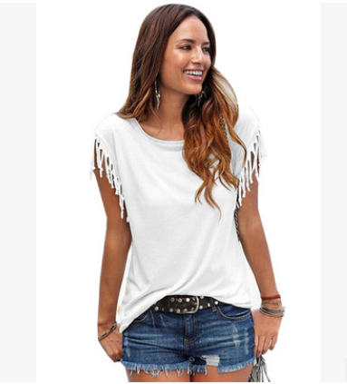 round neck short sleeve cuffs tassel T-shirt cotton tops