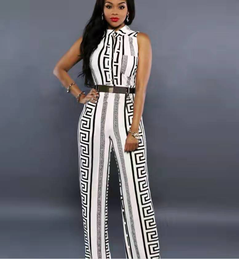 Loose Casual Jumpsuit Printed Trousers Belt